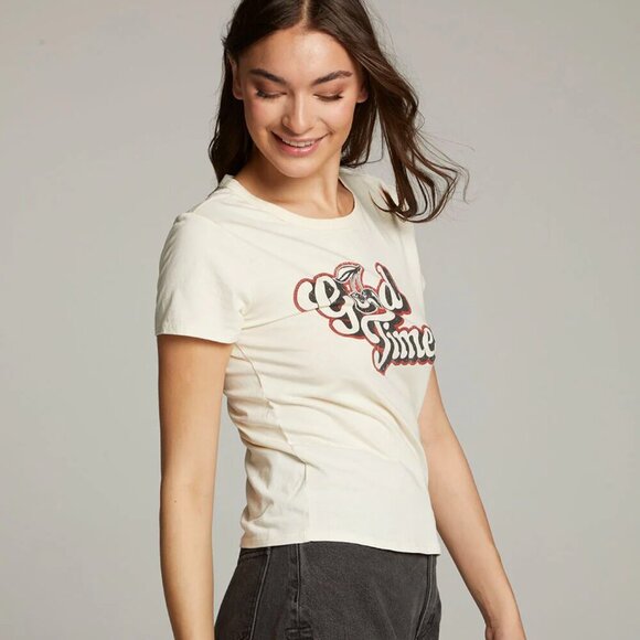 NWT Chaser Women’s Good Times Fitted Tee Cotton Cream Black Red Cherry Small - Picture 3 of 11